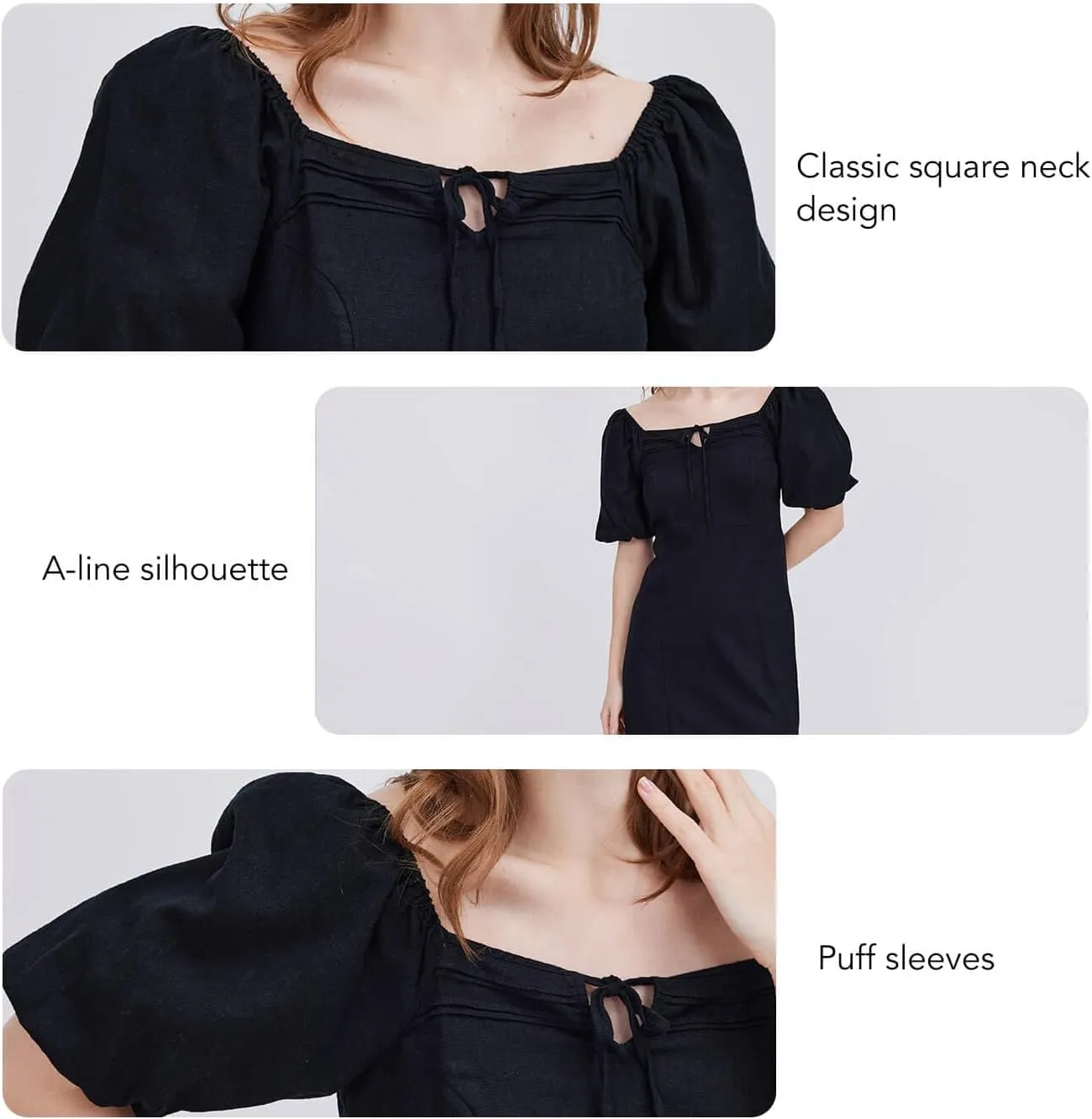 ASSUAL Womens Square Neck Midi Dress Short Puff Sleeve Side Split Smocked Back Casual Linen Dress for Summer