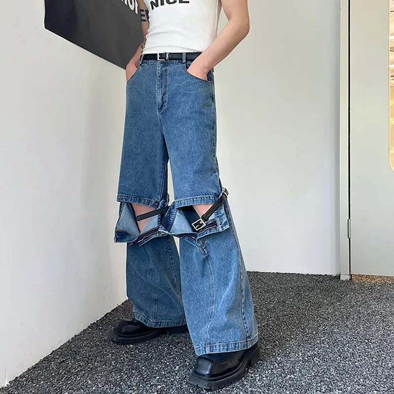 Belt Male Jeans Personalized Buckle Design  Patchwork Washed Solid Color Men's Denim Pants Spring Stylish 9A8918