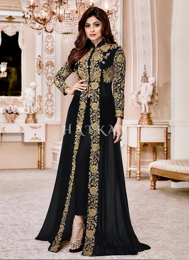 Black Ethnic Embroidered Designer Slit Style Anarkali Pant Suit