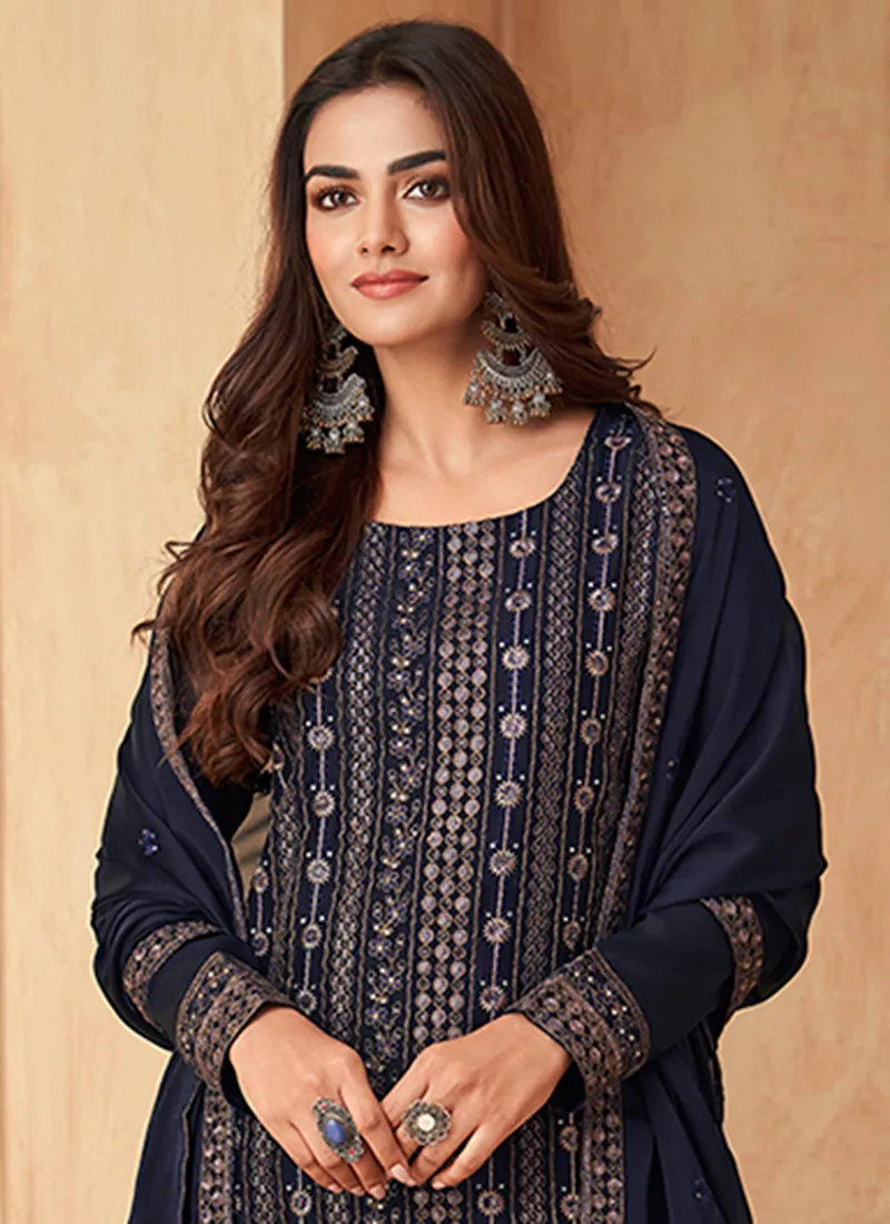 Blue Sequence Embroidery Pant Style Suit