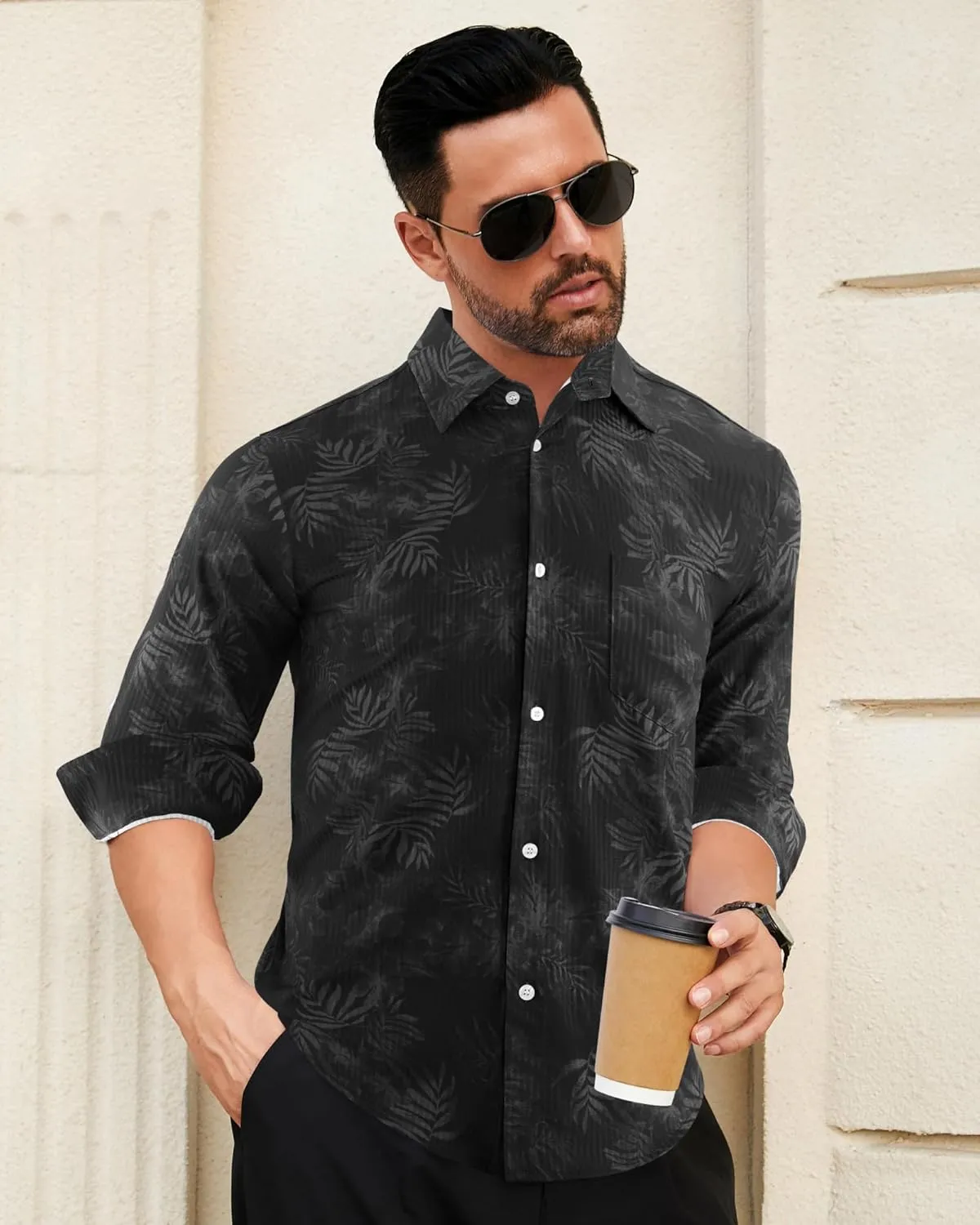 BOJIN Men's Dress Wrinkle-Free Stretch Long Sleeve Wedding Dating Business Casual Button Down Shirts with Pocket