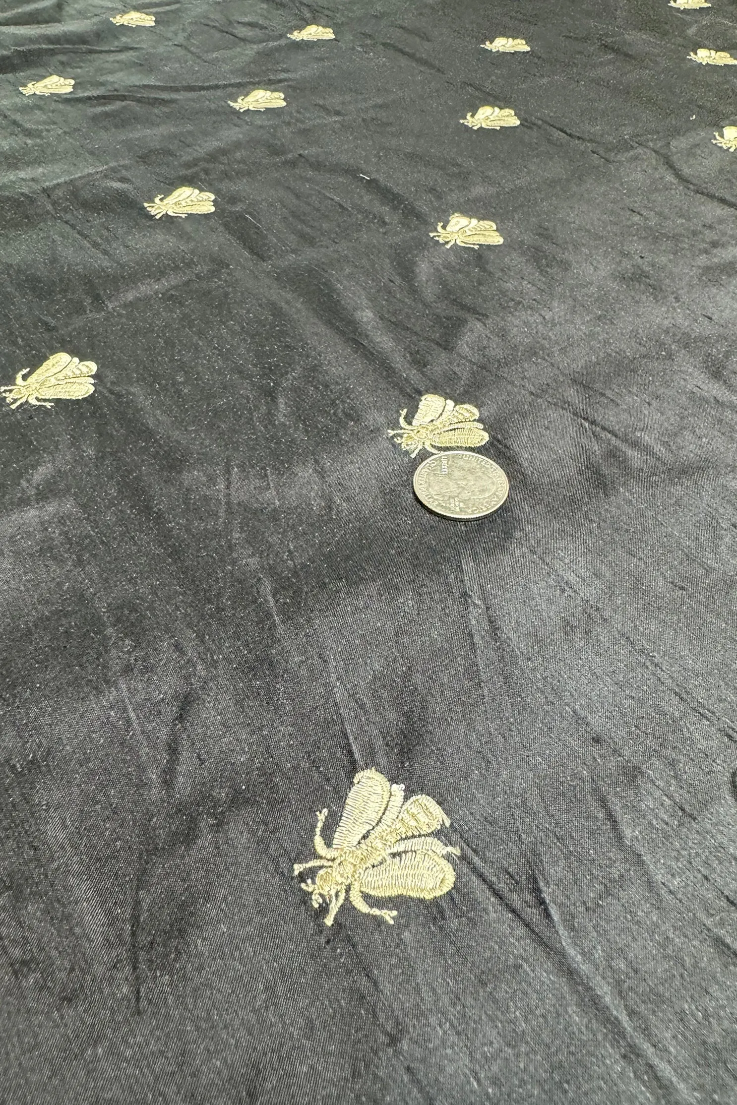 Butterfly Embroidery on Black Shantung Embroidered Dupioni Silk