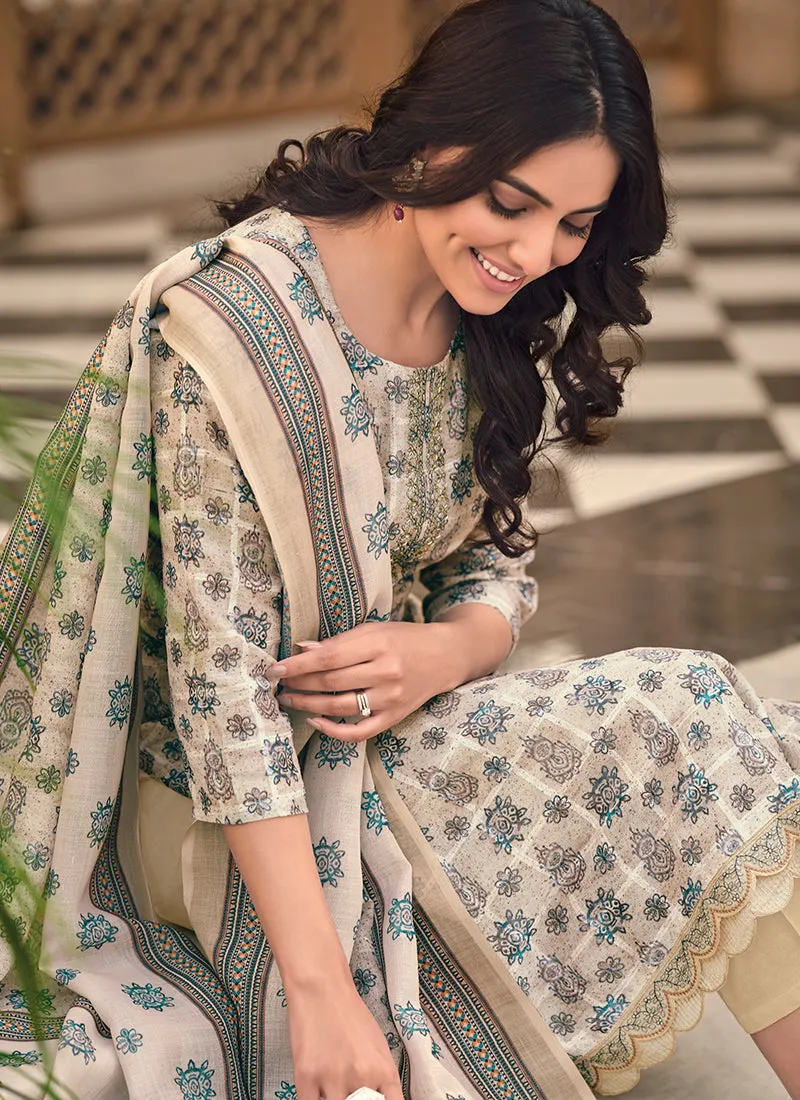 Cream Floral Handwork Embroidery Pakistani Pant Style Suit