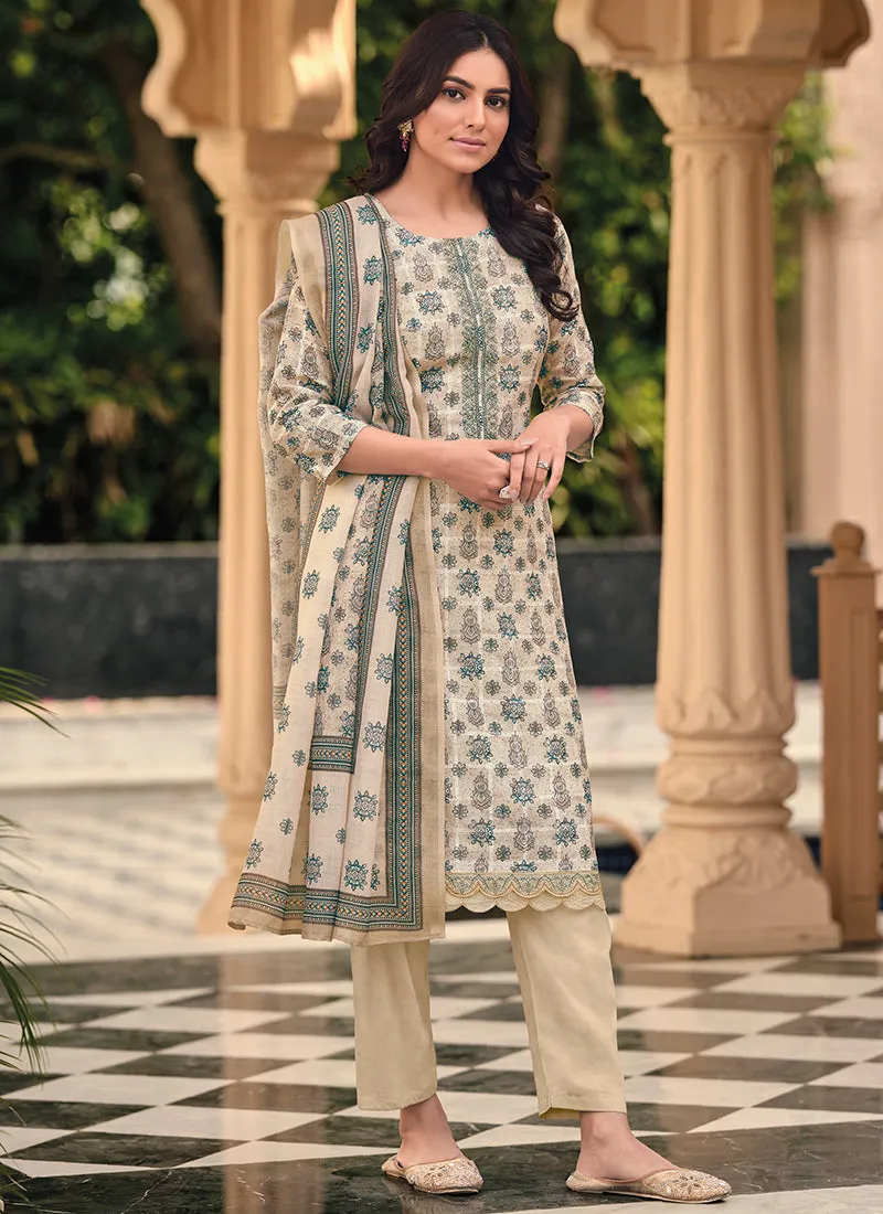 Cream Floral Handwork Embroidery Pakistani Pant Style Suit
