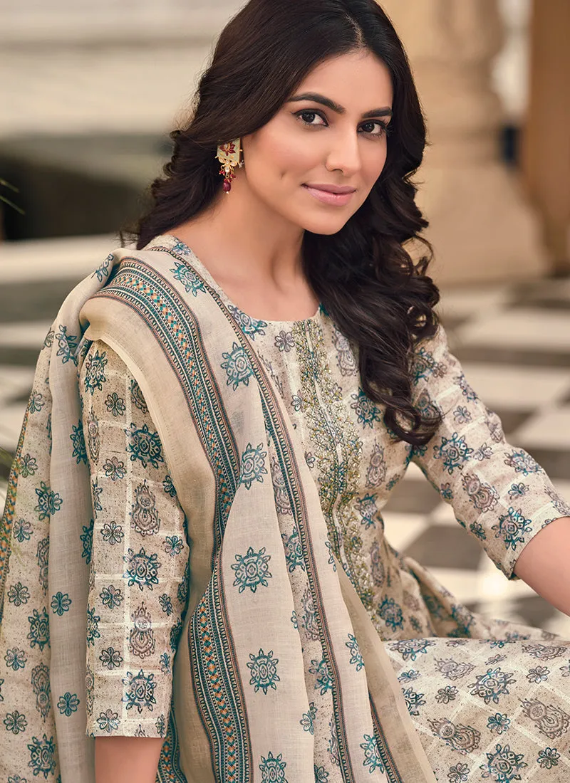 Cream Floral Handwork Embroidery Pakistani Pant Style Suit