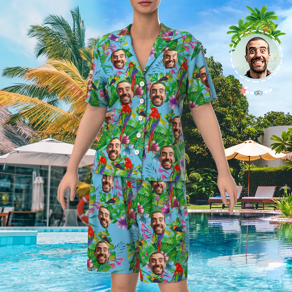Custom Face On Pajamas, Short Sleeve Sleepwear, Button-Down Nightwear - Parrot