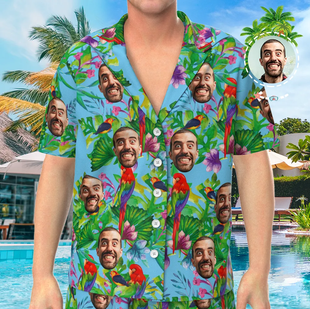 Custom Face On Pajamas, Short Sleeve Sleepwear, Button-Down Nightwear - Parrot