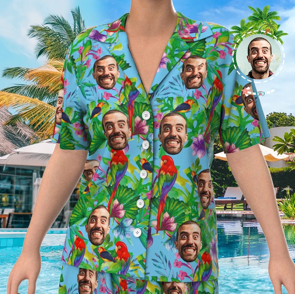 Custom Face On Pajamas, Short Sleeve Sleepwear, Button-Down Nightwear - Parrot
