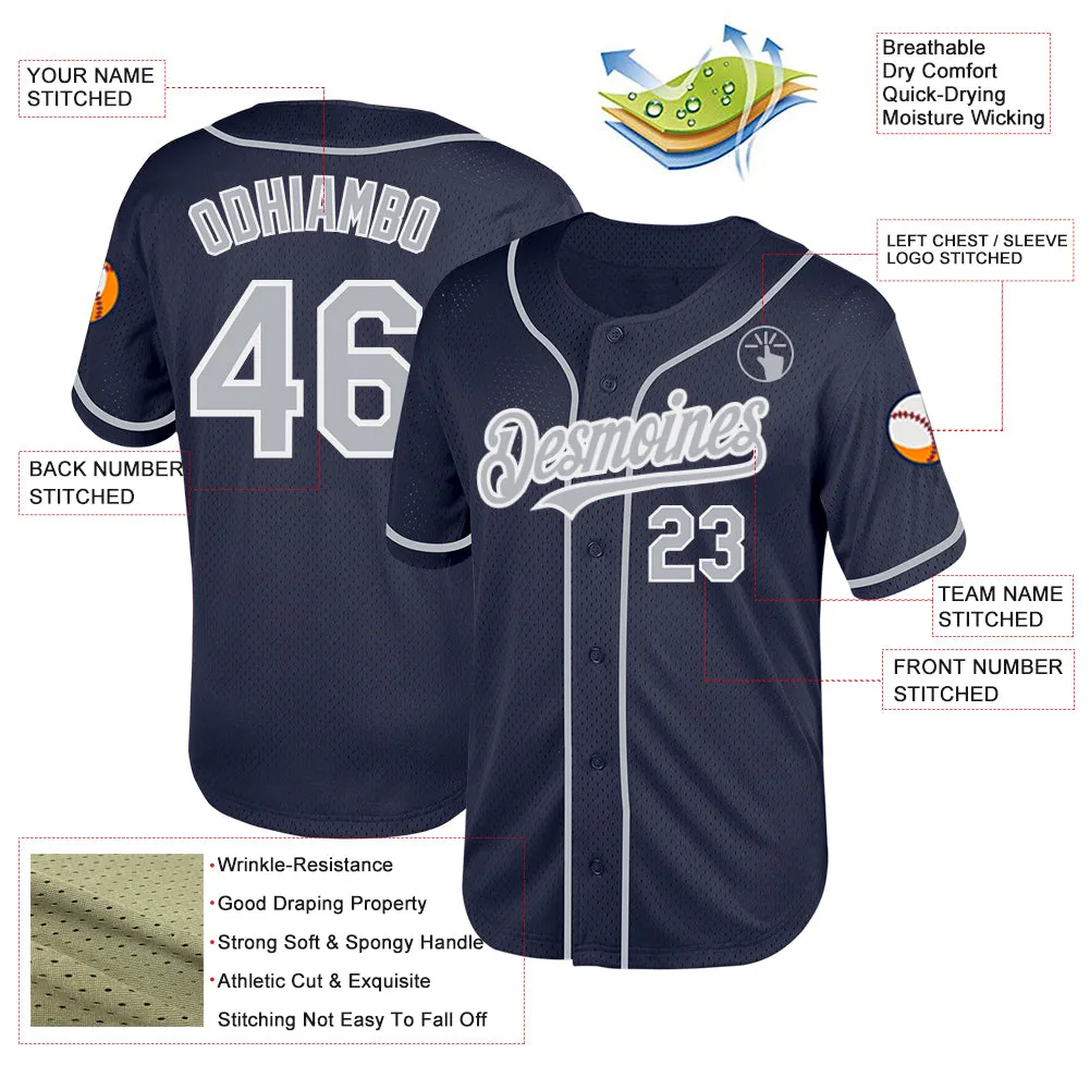 Custom Navy Gray-White Mesh Authentic Throwback Baseball Jersey
