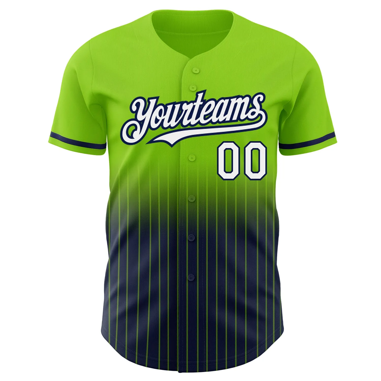 Custom Neon Green Pinstripe White-Navy Authentic Fade Fashion Baseball Jersey
