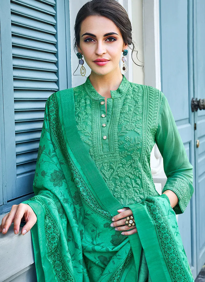 Dark Green Lucknowi Embroidered Pants Suit