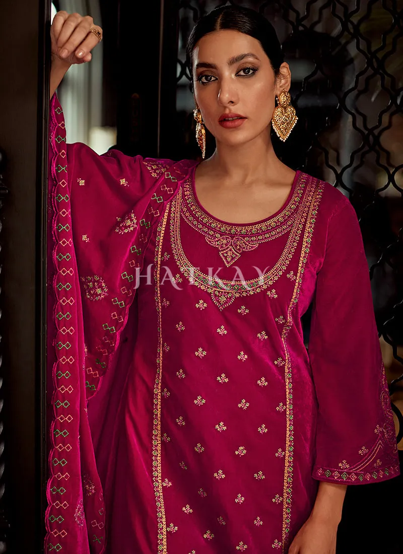 Deep Pink Embroidered Velvet Pant Suit