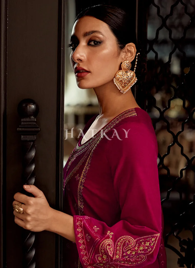 Deep Pink Embroidered Velvet Pant Suit