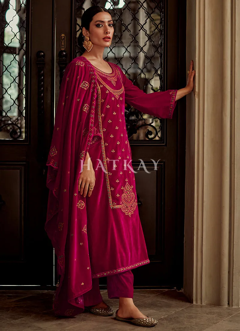 Deep Pink Embroidered Velvet Pant Suit