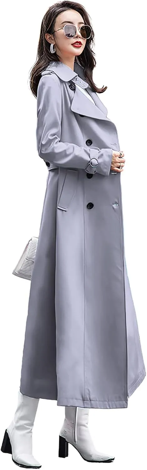 ebossy Women's Double Breasted Duster Trench Coat Slim Full Length Maxi Long Overcoat