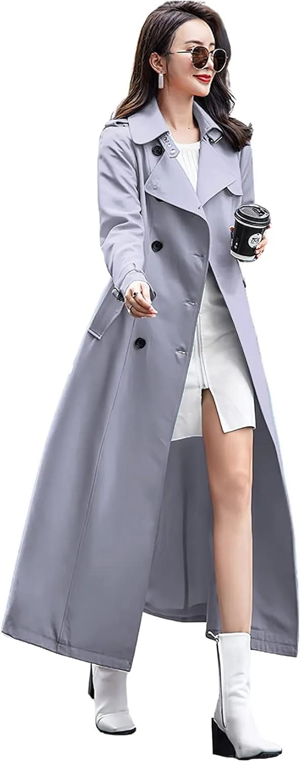 ebossy Women's Double Breasted Duster Trench Coat Slim Full Length Maxi Long Overcoat