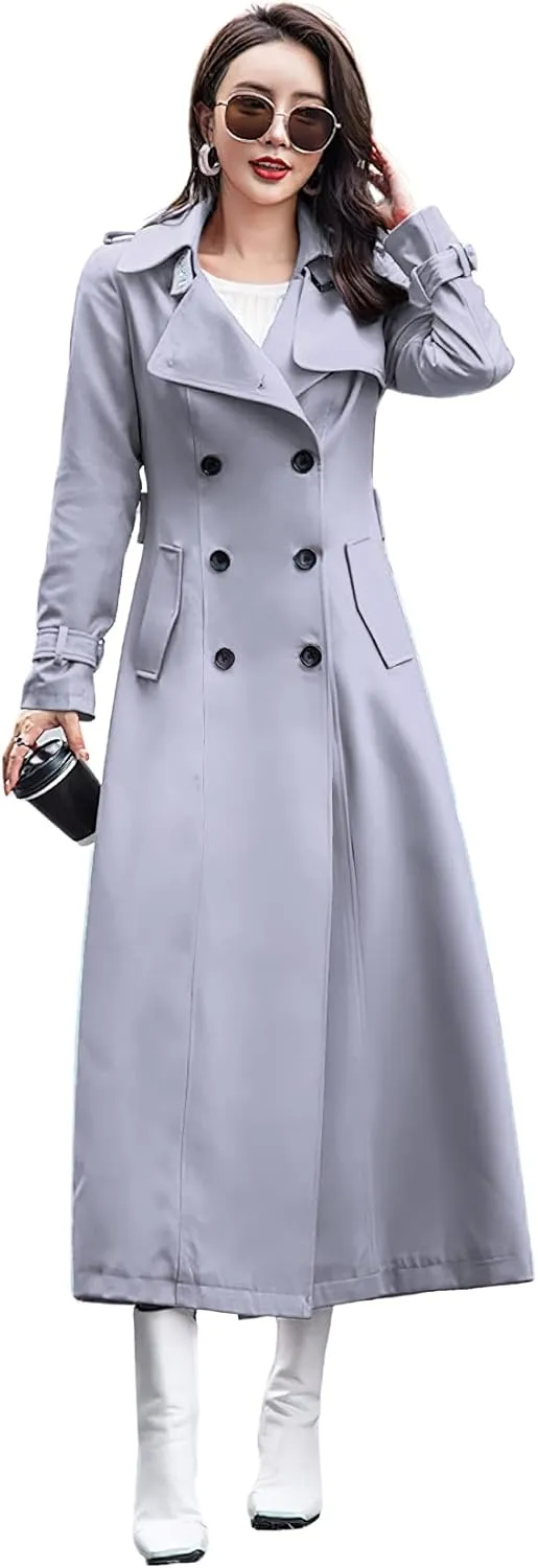 ebossy Women's Double Breasted Duster Trench Coat Slim Full Length Maxi Long Overcoat