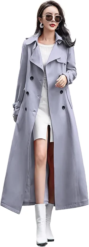 ebossy Women's Double Breasted Duster Trench Coat Slim Full Length Maxi Long Overcoat