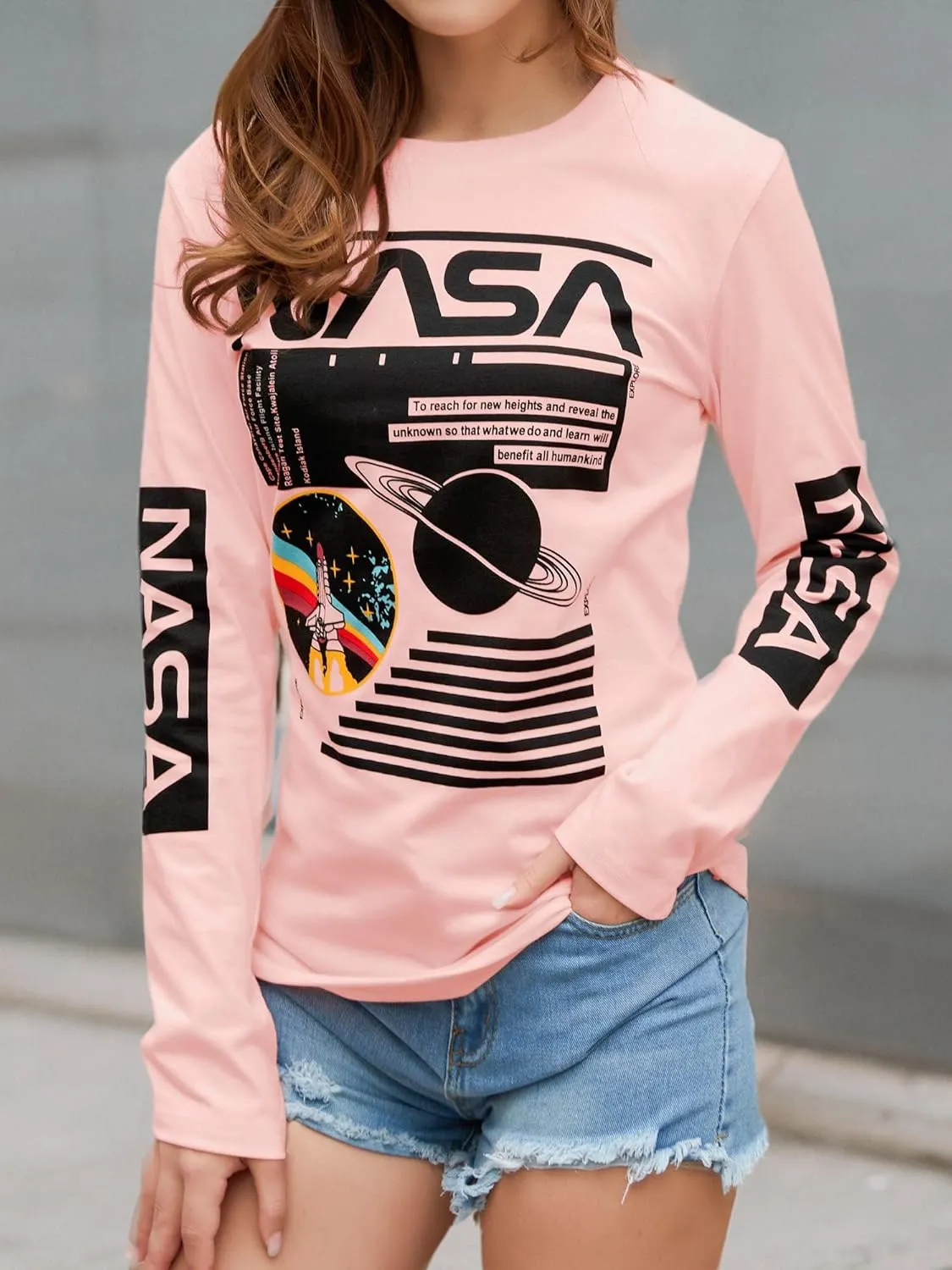 Ezcosplay Crew Neck Long Sleeve NASA T-Shirt Letter Printed Shirt Graphic Tee Tops for Women