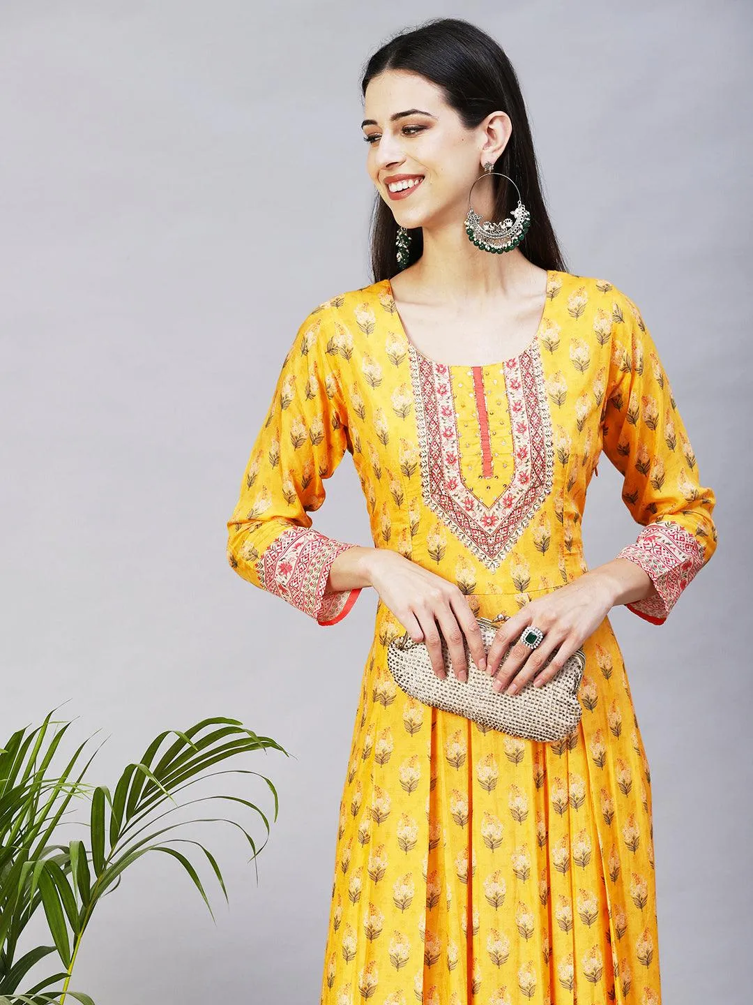 Floral Printed Hand Embroidered Pleated Maxi Dress - Yellow
