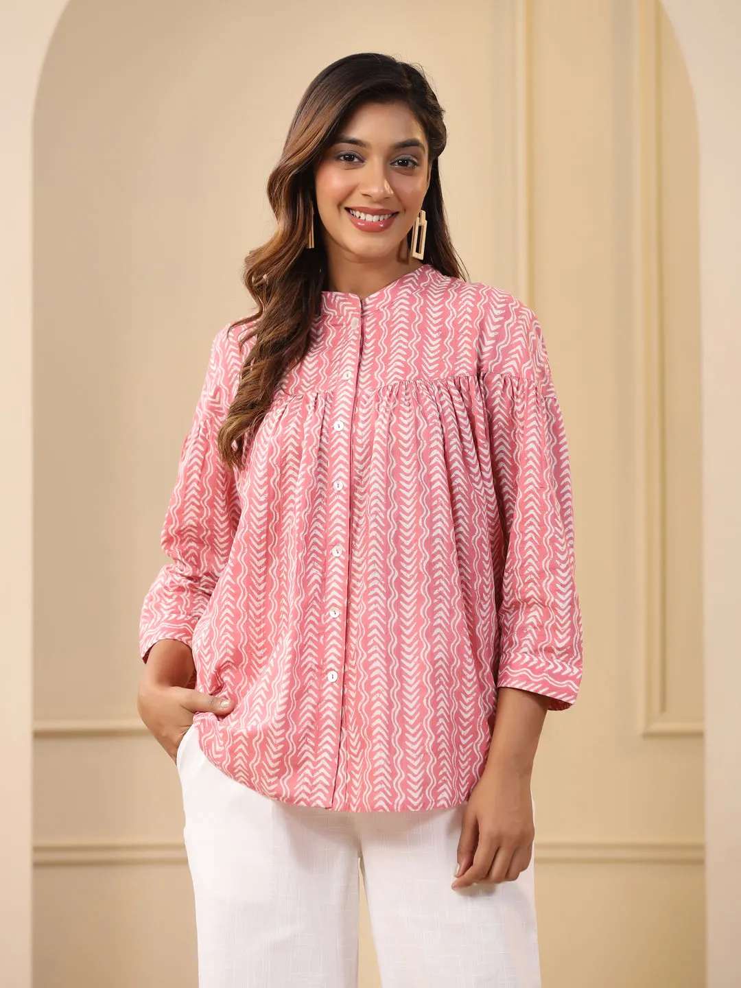 Geometric Printed Pink And White Cotton Co-Ord Set