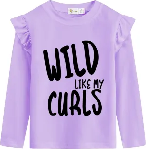 Girls Ruffle Long Sleeve Shirts Soft Crewneck Cute Butterfly Shirt Wild Like My Curls T-Shirts Pink Cotton Tee 2-7 Years