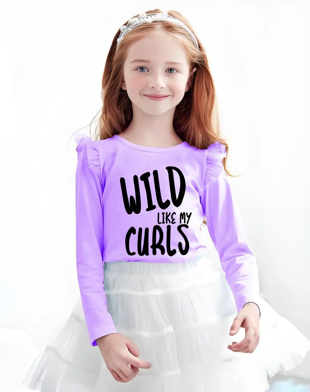 Girls Ruffle Long Sleeve Shirts Soft Crewneck Cute Butterfly Shirt Wild Like My Curls T-Shirts Pink Cotton Tee 2-7 Years