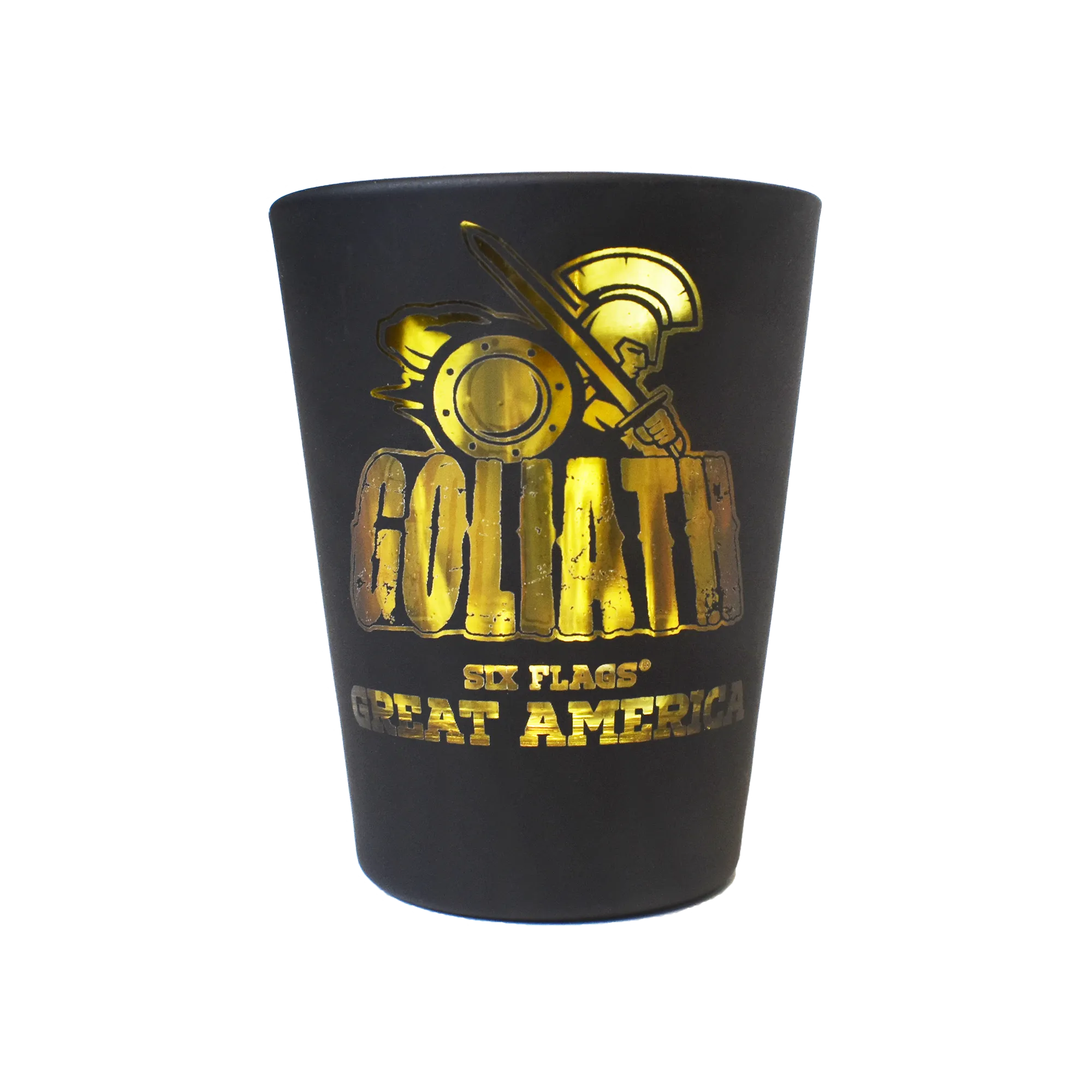 GOLIATH MATTE BLACK SHOT GLASS (SIX FLAGS GREAT AMERICA)