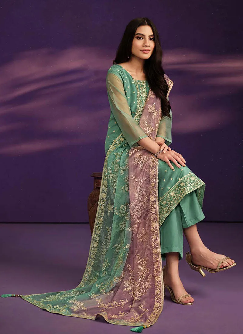 Green And Purple Embroidered Salwar Kameez Suit