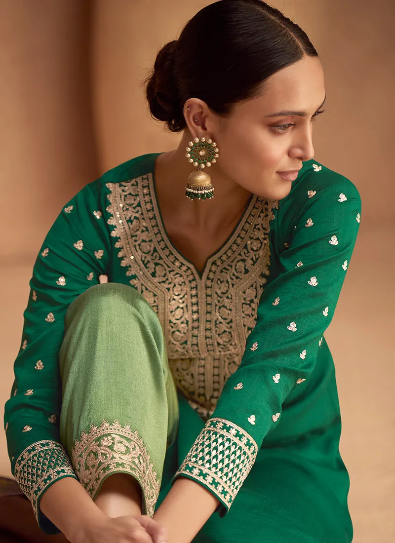 Green Two Tone Embroidery Silk Salwar Kameez