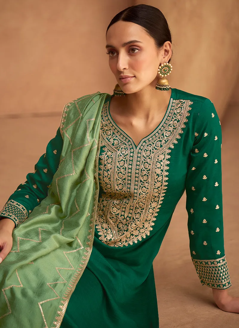Green Two Tone Embroidery Silk Salwar Kameez