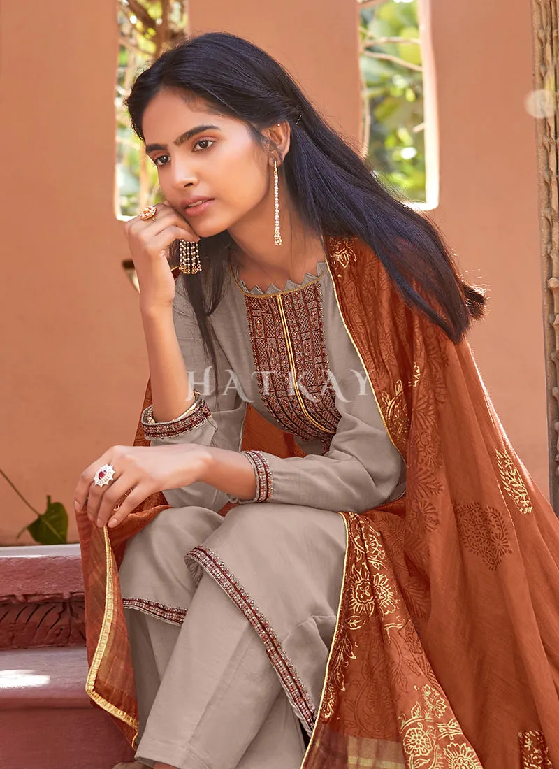 Grey And Orange Embroidered Pant Style Salwar Suit