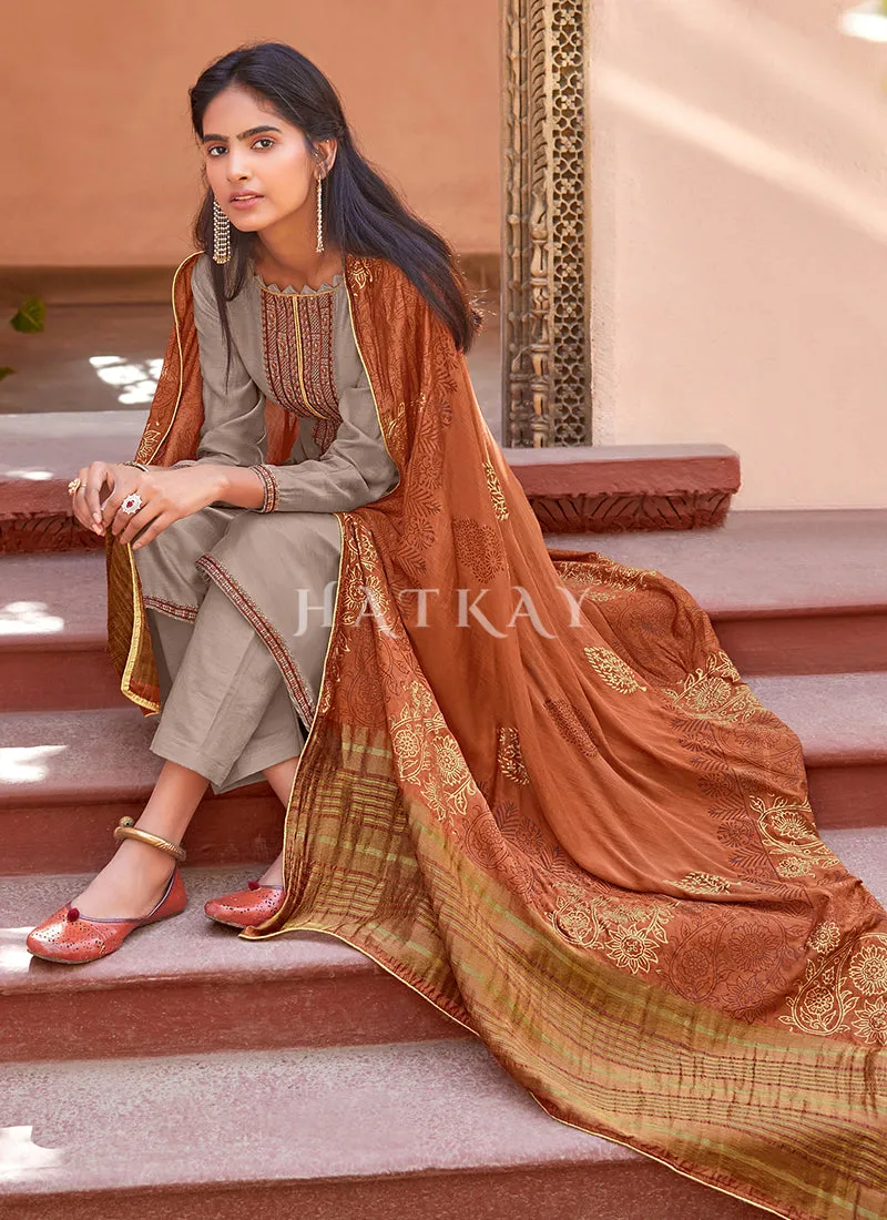 Grey And Orange Embroidered Pant Style Salwar Suit
