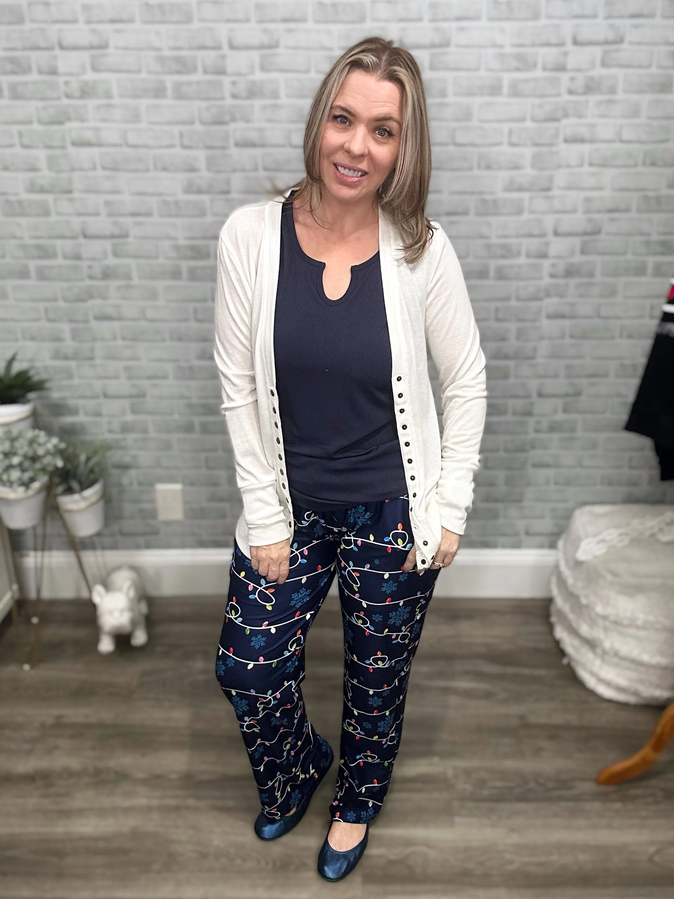 Holiday Lights Wide Leg Lounge Pants with Pockets