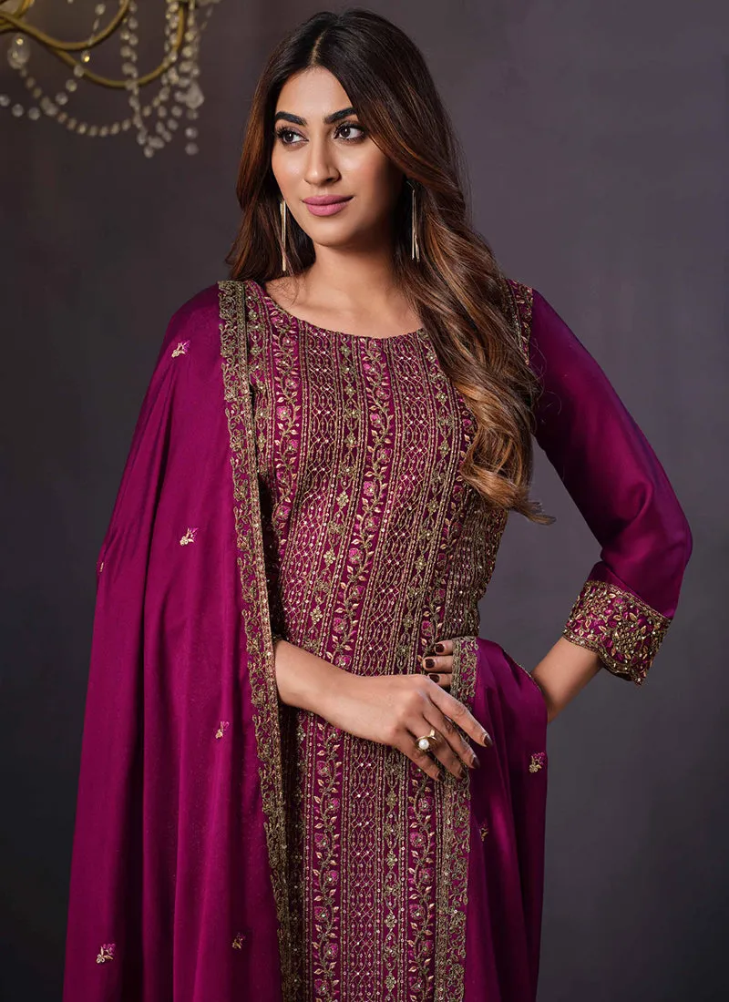 Hot Pink Sequence Embroidery Pant Style Suit