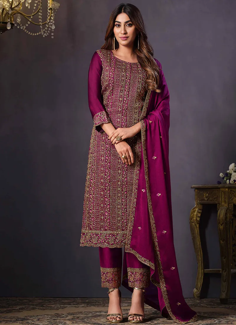Hot Pink Sequence Embroidery Pant Style Suit
