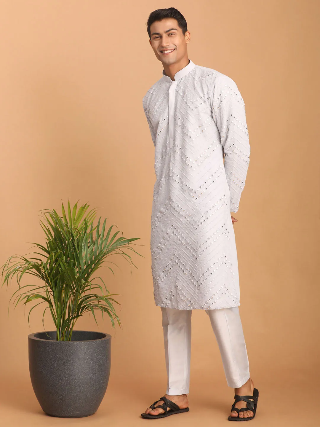 Jashvi Men's Aqua Blue Mirror Kurta Pant Set