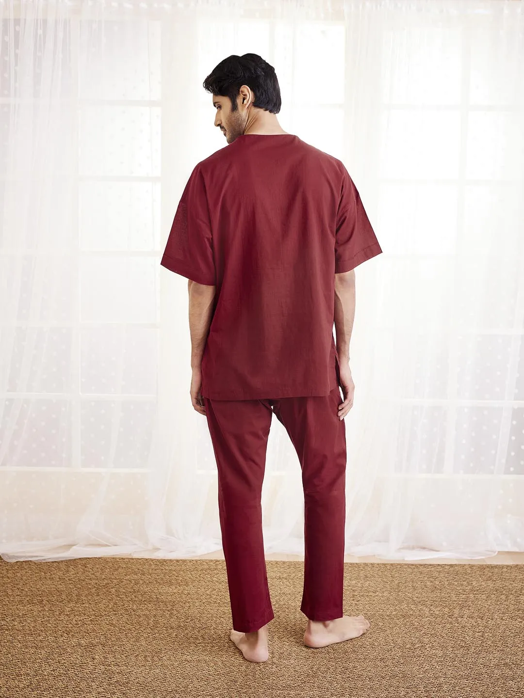 Jashvi Men's Maroon Cotton Kurta Pyjama Set