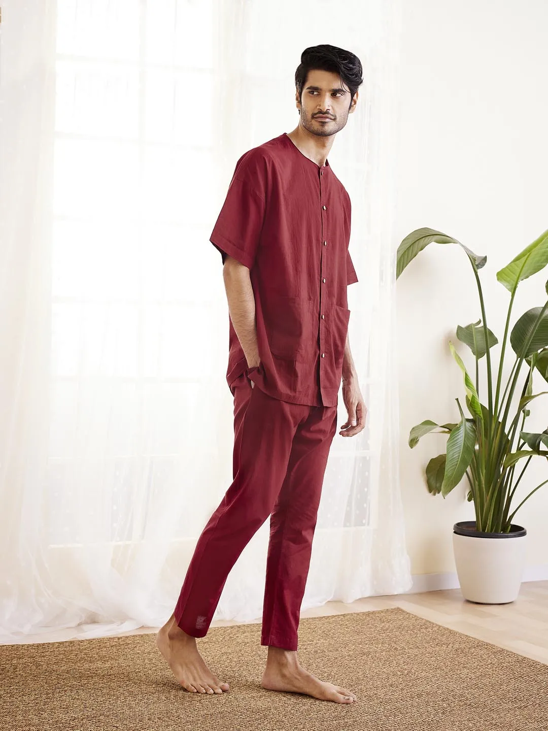 Jashvi Men's Maroon Cotton Kurta Pyjama Set