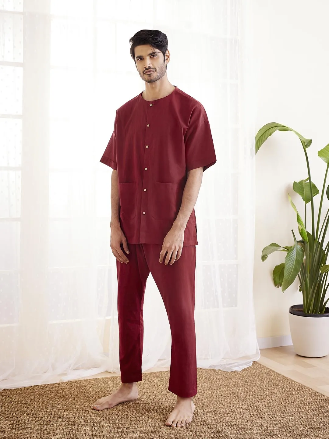 Jashvi Men's Maroon Cotton Kurta Pyjama Set