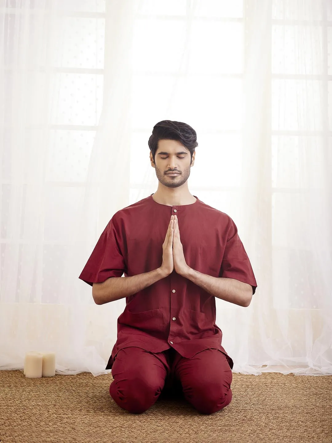 Jashvi Men's Maroon Cotton Kurta Pyjama Set