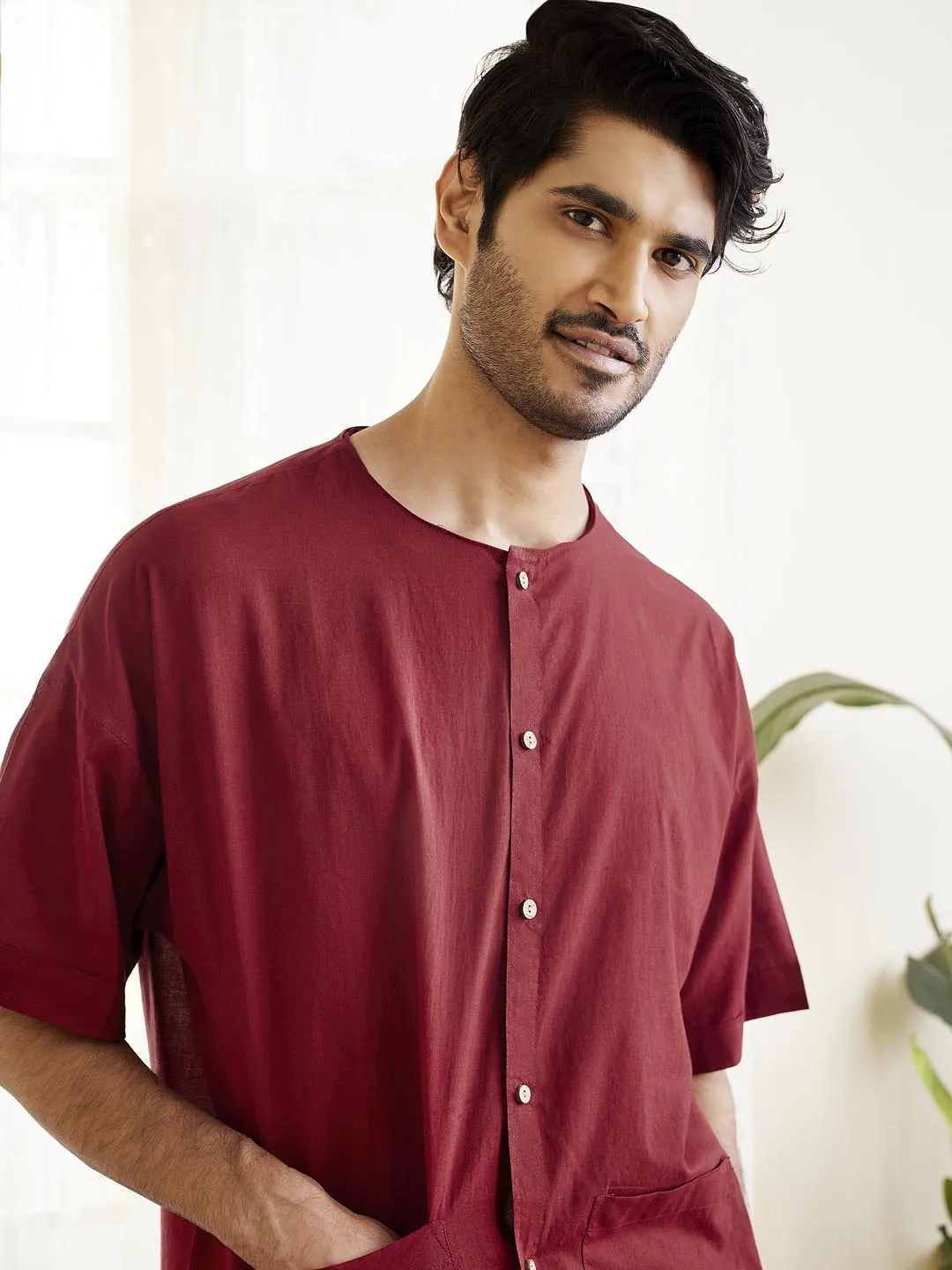 Jashvi Men's Maroon Cotton Kurta Pyjama Set