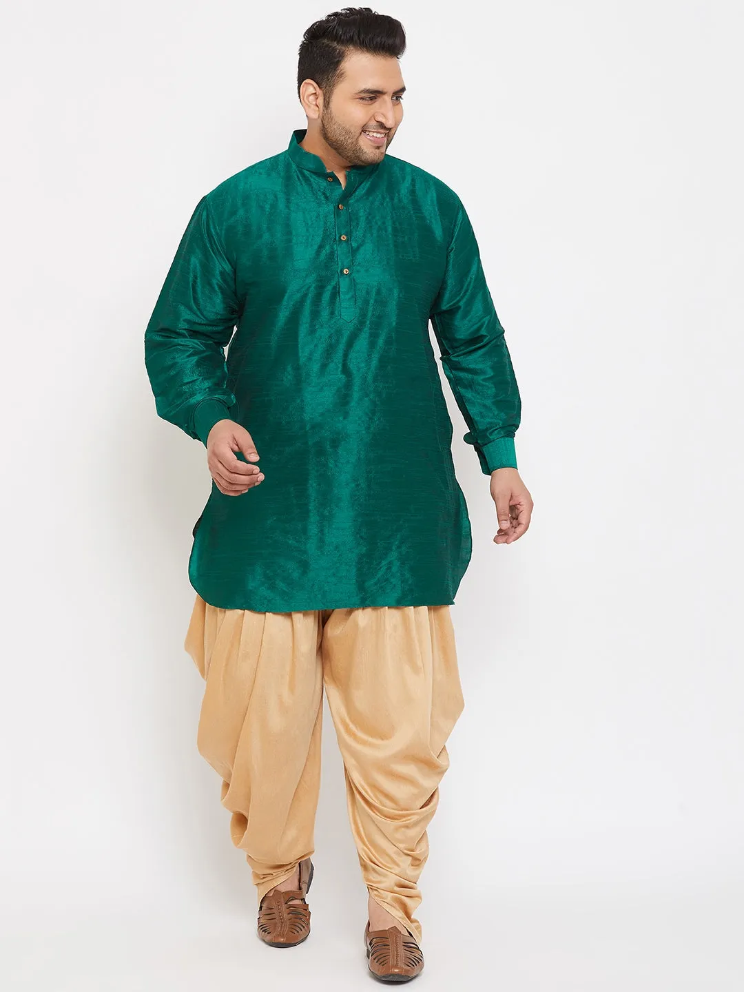 Jashvi Men's Plus Size Green Silk Blend Curved Kurta