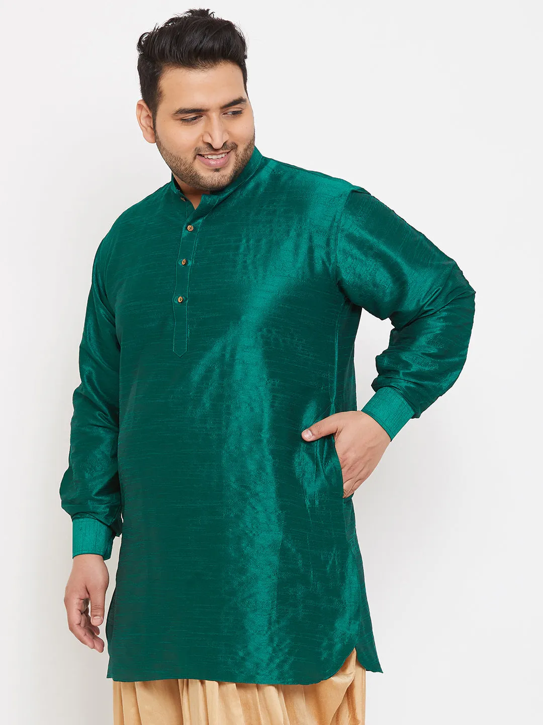 Jashvi Men's Plus Size Green Silk Blend Curved Kurta