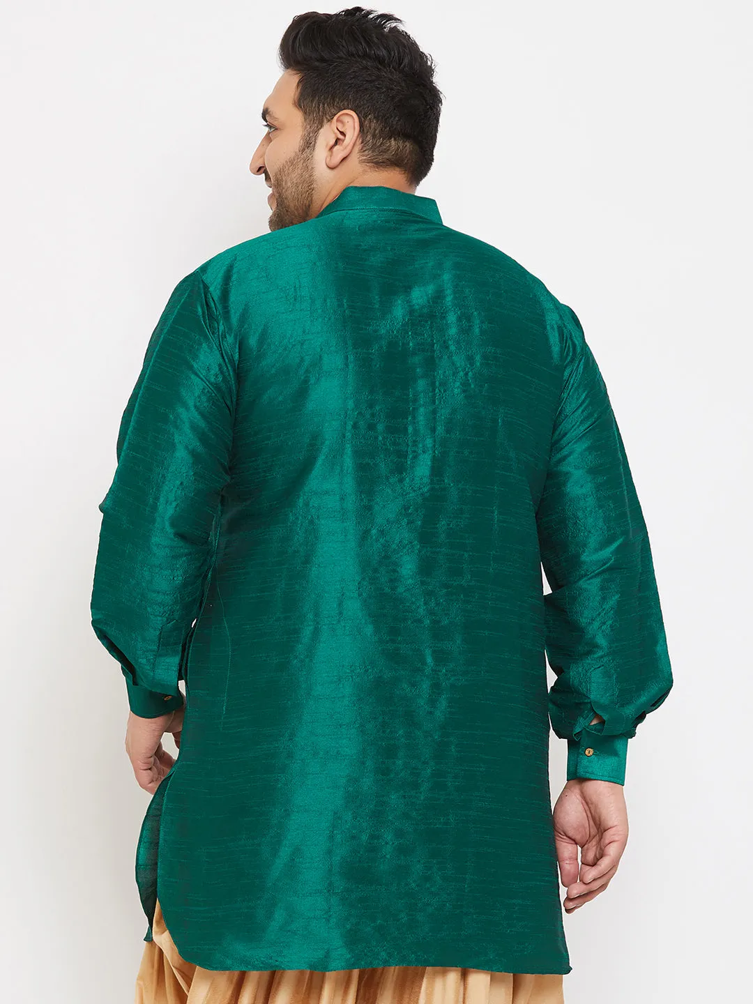Jashvi Men's Plus Size Green Silk Blend Curved Kurta