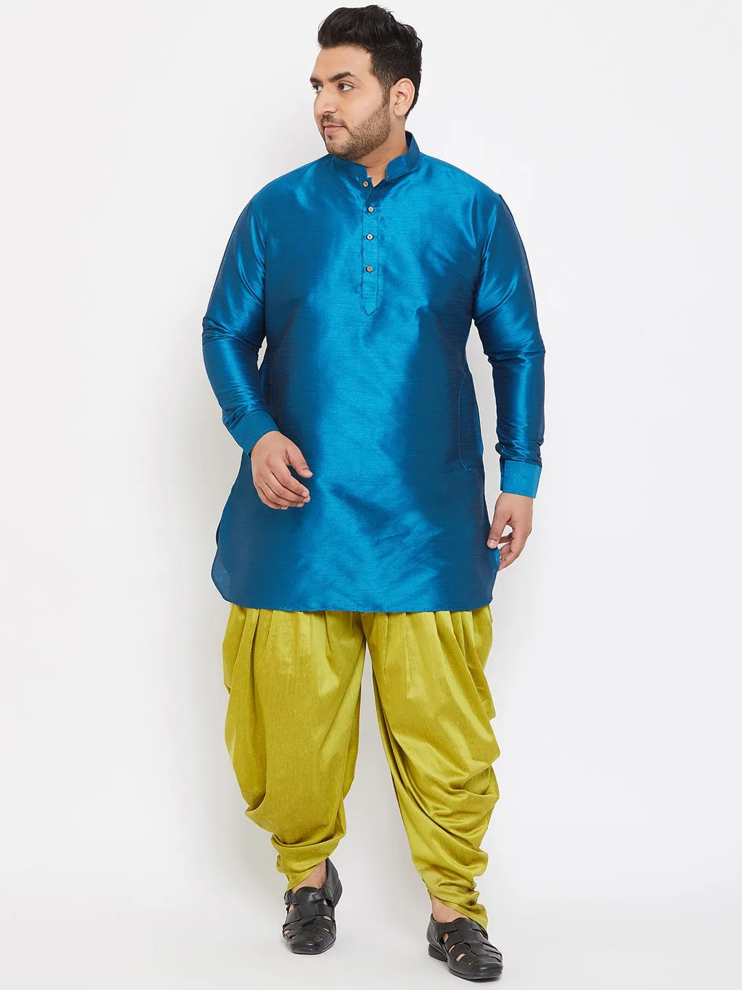 Jashvi Men's Plus Size Turquoise Silk Blend Curved Kurta