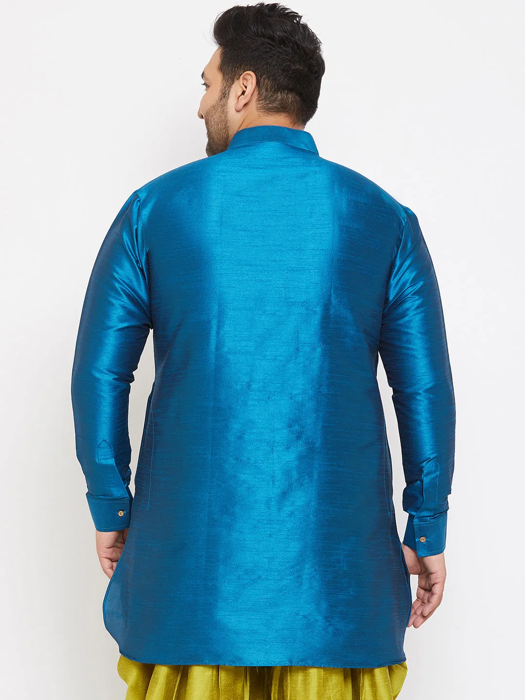 Jashvi Men's Plus Size Turquoise Silk Blend Curved Kurta