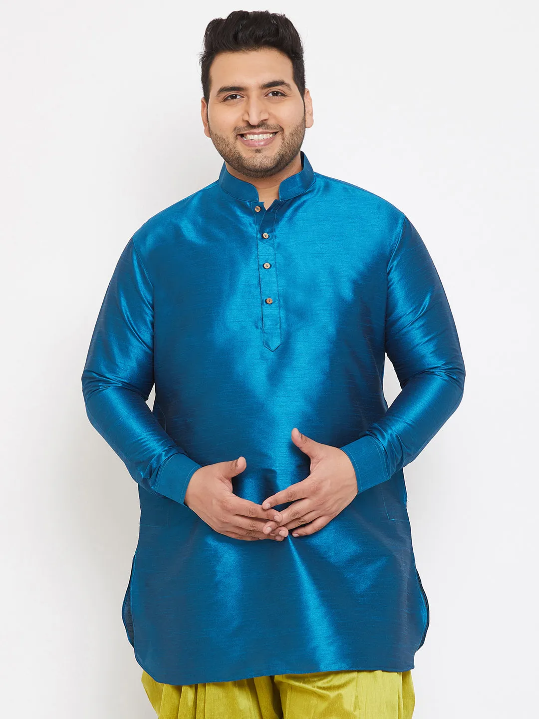Jashvi Men's Plus Size Turquoise Silk Blend Curved Kurta