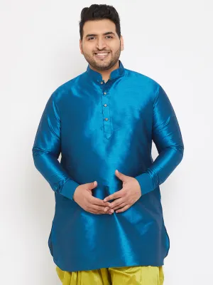 Jashvi Men's Plus Size Turquoise Silk Blend Curved Kurta