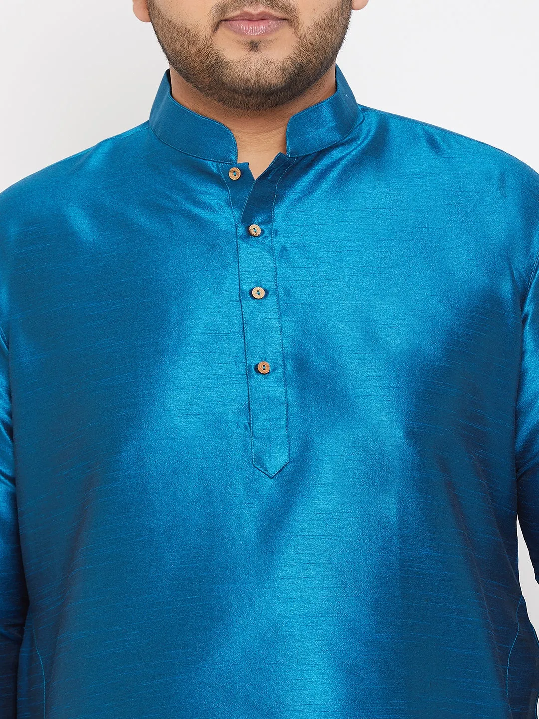 Jashvi Men's Plus Size Turquoise Silk Blend Curved Kurta